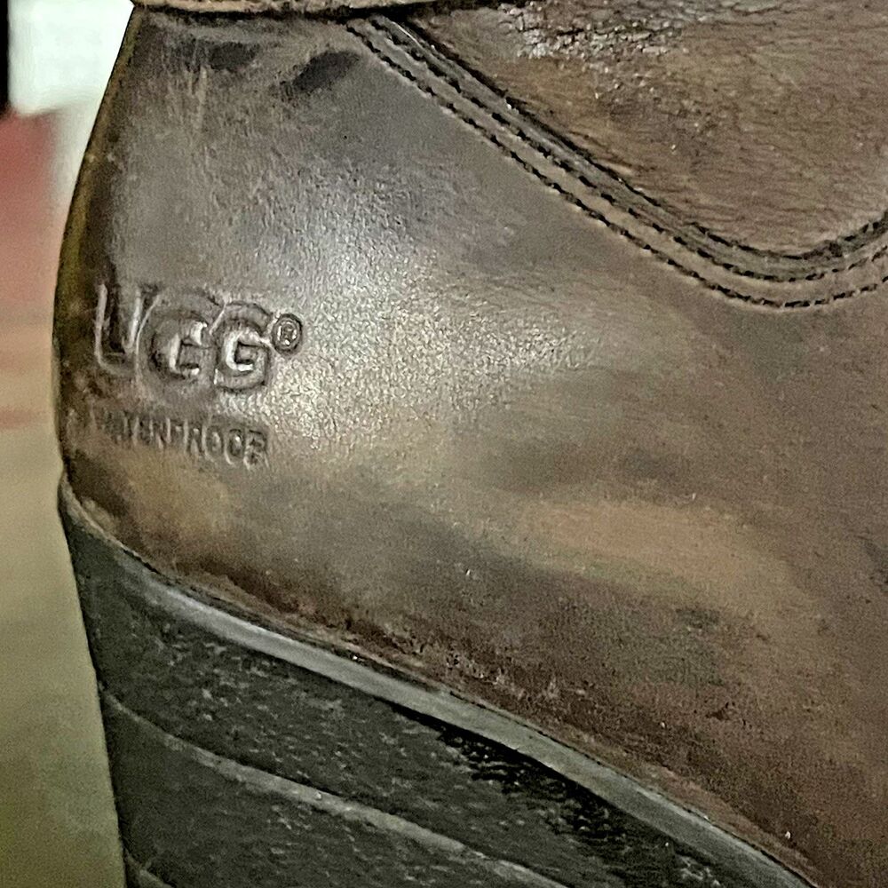 UGG Waterproof Lesley Brown Leather Wedge Tall Boots Buckle Detail Wms Size 7 - Picture 14 of 14
